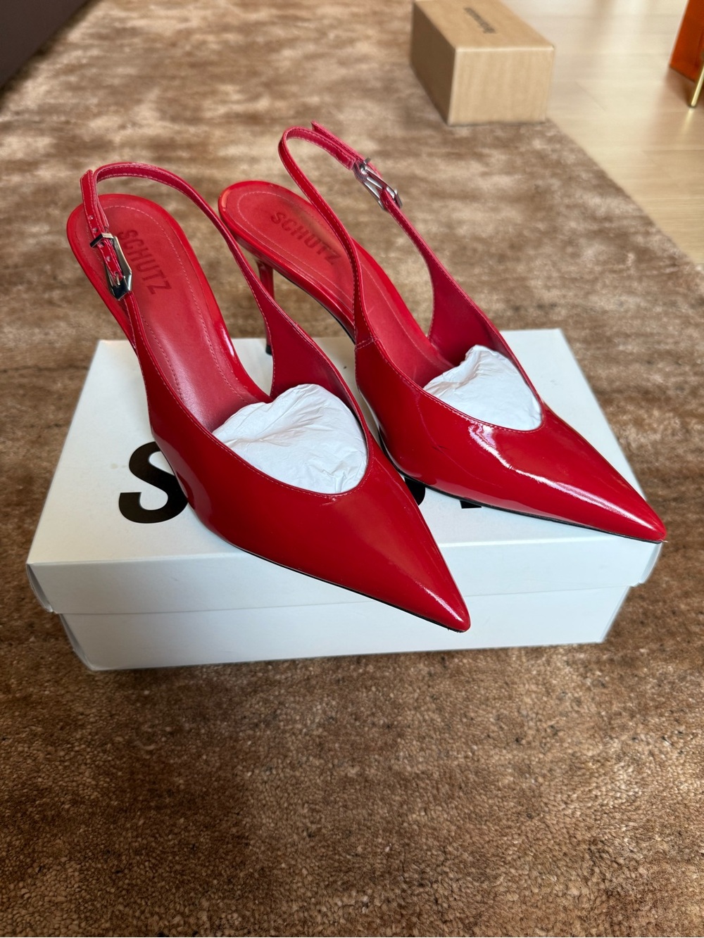 SCHUTZ Red Patent Slingback Pointed Pumps